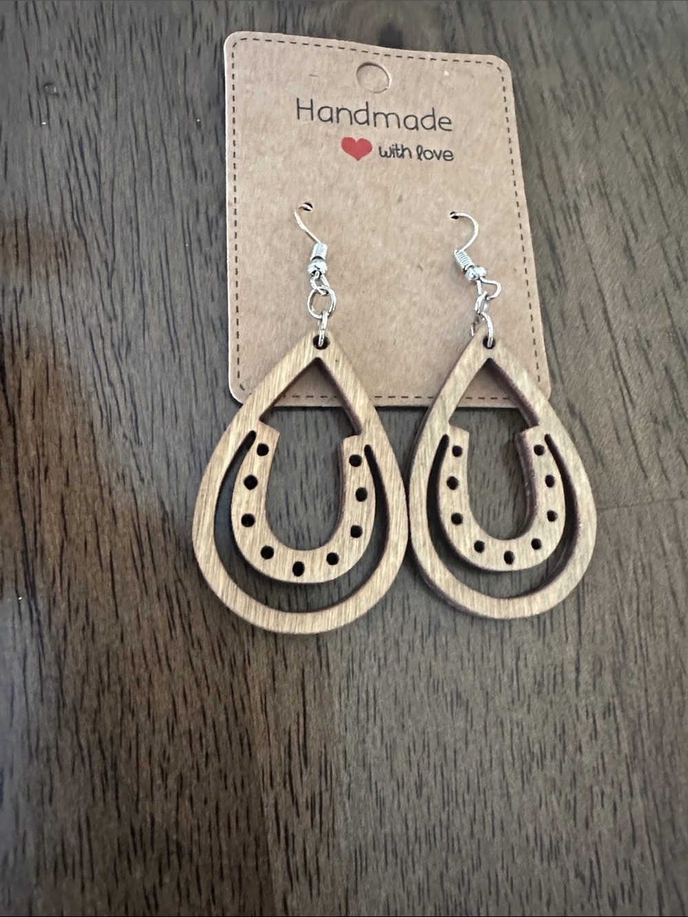 Handmade Brown Teardrop Wooden Horseshoe Earrings